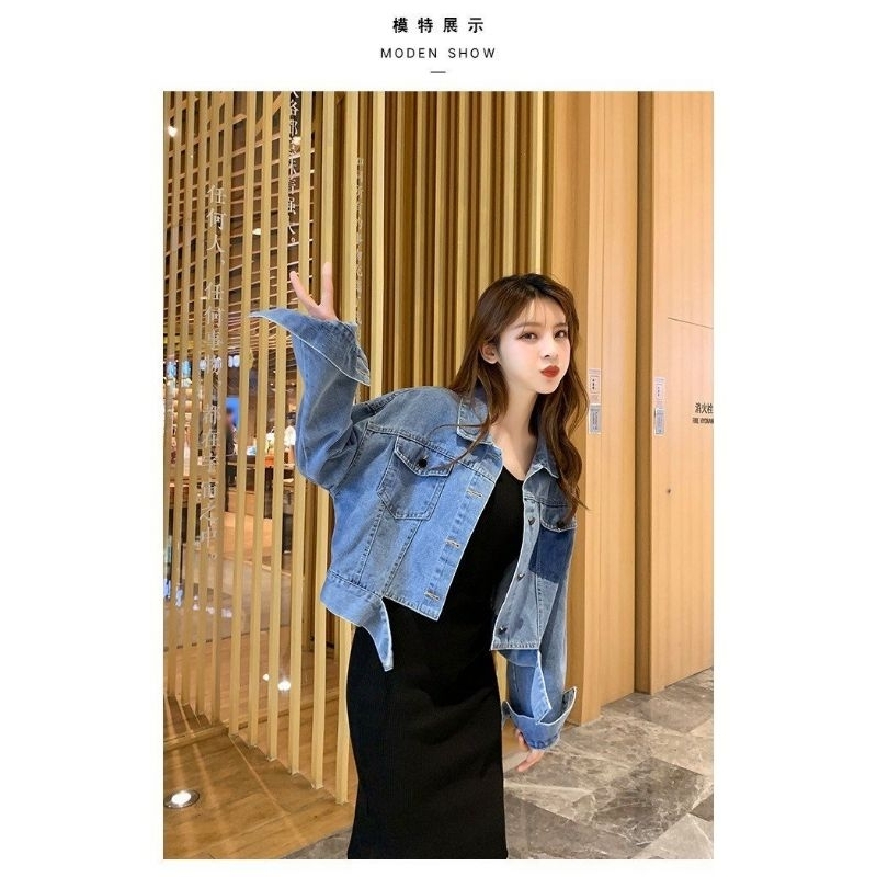 Áo Khoác Bò Nữ Dáng Lửng Túi Mix Màu Size S M - Halinh Shop - Áo Khoác Jean Nữ Croptop 2 Túi Dài Tay Mặc Thu Đông