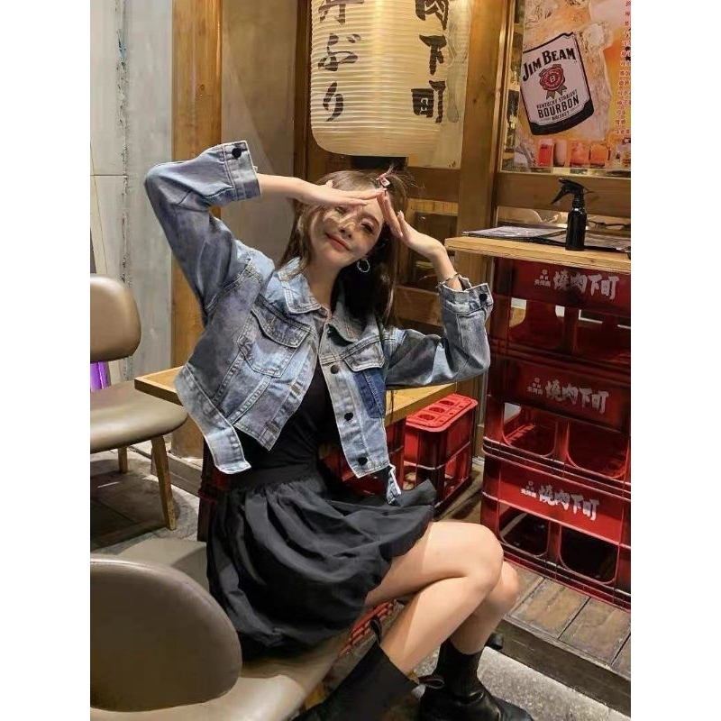 Áo Khoác Bò Nữ Dáng Lửng Túi Mix Màu Size S M - Halinh Shop - Áo Khoác Jean Nữ Croptop 2 Túi Dài Tay Mặc Thu Đông