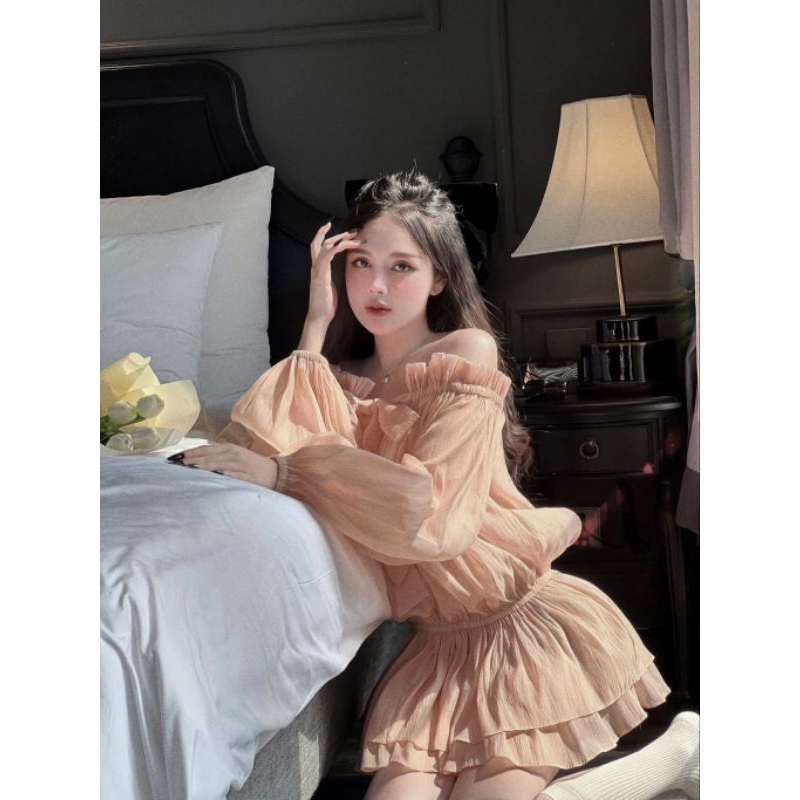 Áo Váy Trễ Vai Voan Tơ 2 Lớp Tay Bồng Thắt Nơ Ngực Size S M - Halinh Shop - Áo Váy Trễ Vai Giấu Quần Xòe 2 Tầng