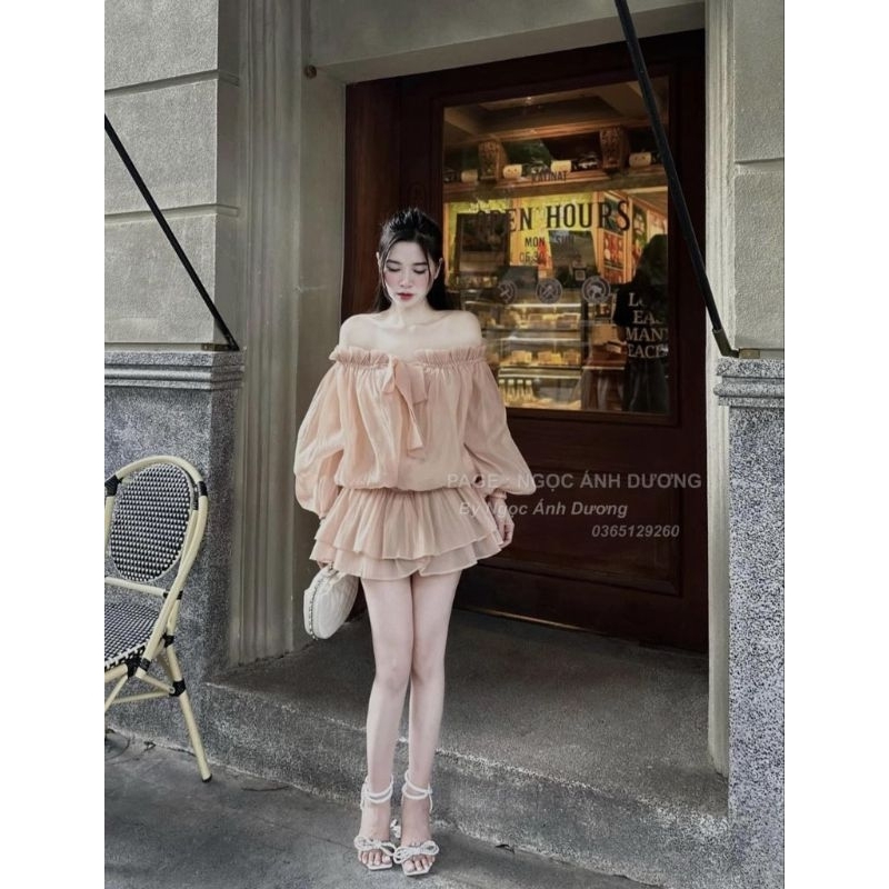 Áo Váy Trễ Vai Voan Tơ 2 Lớp Tay Bồng Thắt Nơ Ngực Size S M - Halinh Shop - Áo Váy Trễ Vai Giấu Quần Xòe 2 Tầng
