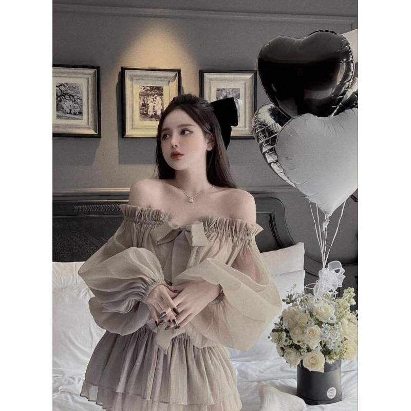 Áo Váy Trễ Vai Voan Tơ 2 Lớp Tay Bồng Thắt Nơ Ngực Size S M - Halinh Shop - Áo Váy Trễ Vai Giấu Quần Xòe 2 Tầng