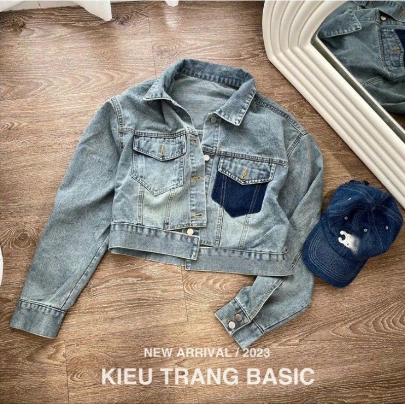 Áo Khoác Bò Nữ Dáng Lửng Túi Mix Màu Size S M - Halinh Shop - Áo Khoác Jean Nữ Croptop 2 Túi Dài Tay Mặc Thu Đông