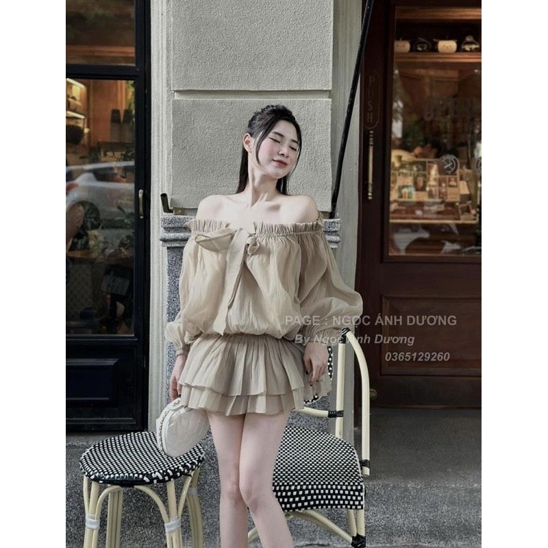 Áo Váy Trễ Vai Voan Tơ 2 Lớp Tay Bồng Thắt Nơ Ngực Size S M - Halinh Shop - Áo Váy Trễ Vai Giấu Quần Xòe 2 Tầng