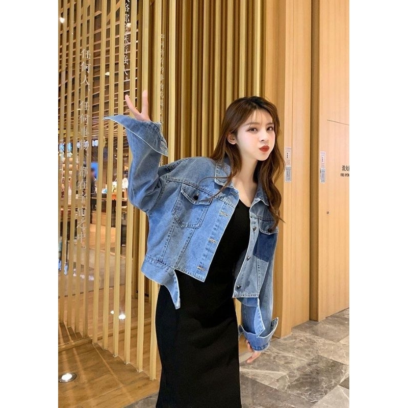 Áo Khoác Bò Nữ Dáng Lửng Túi Mix Màu Size S M - Halinh Shop - Áo Khoác Jean Nữ Croptop 2 Túi Dài Tay Mặc Thu Đông