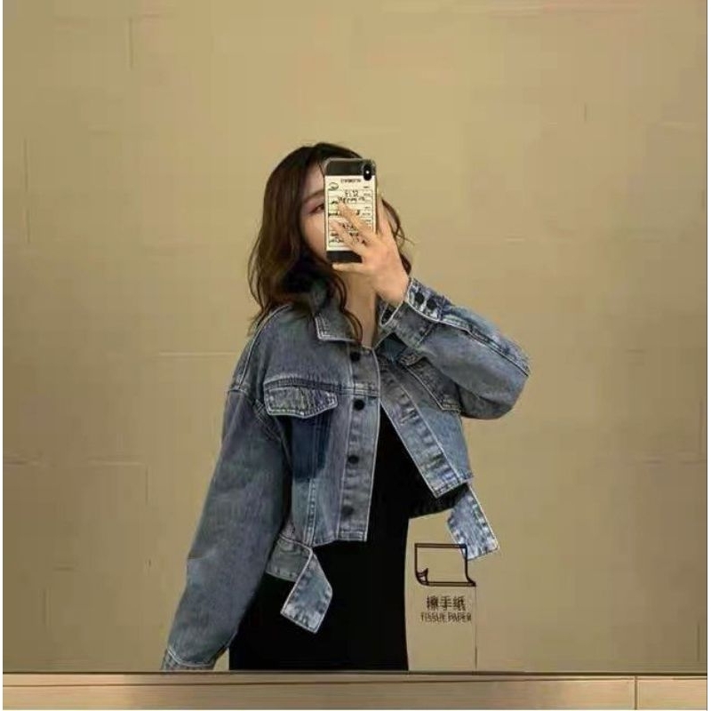 Áo Khoác Bò Nữ Dáng Lửng Túi Mix Màu Size S M - Halinh Shop - Áo Khoác Jean Nữ Croptop 2 Túi Dài Tay Mặc Thu Đông