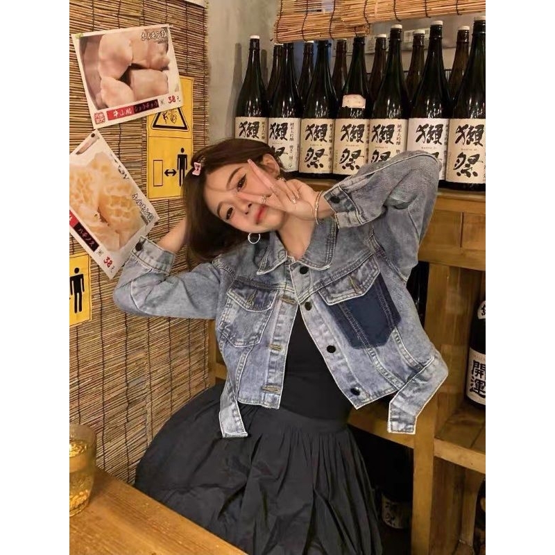 Áo Khoác Bò Nữ Dáng Lửng Túi Mix Màu Size S M - Halinh Shop - Áo Khoác Jean Nữ Croptop 2 Túi Dài Tay Mặc Thu Đông