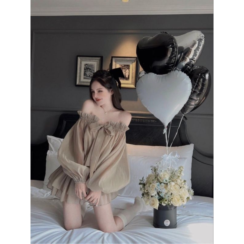 Áo Váy Trễ Vai Voan Tơ 2 Lớp Tay Bồng Thắt Nơ Ngực Size S M - Halinh Shop - Áo Váy Trễ Vai Giấu Quần Xòe 2 Tầng