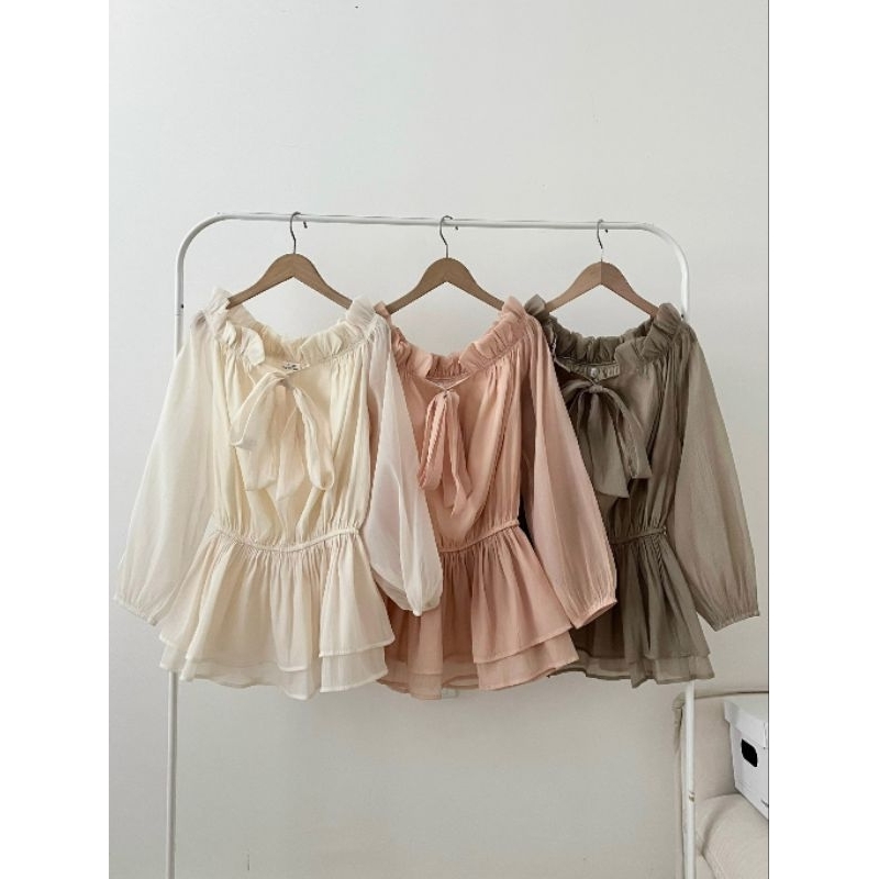 Áo Váy Trễ Vai Voan Tơ 2 Lớp Tay Bồng Thắt Nơ Ngực Size S M - Halinh Shop - Áo Váy Trễ Vai Giấu Quần Xòe 2 Tầng