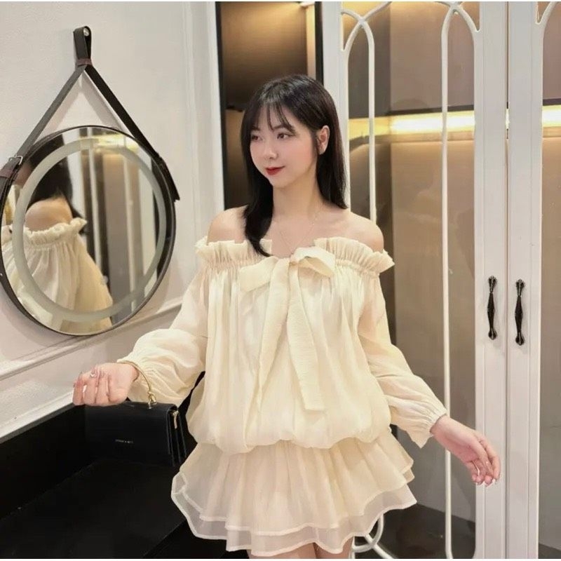 Áo Váy Trễ Vai Voan Tơ 2 Lớp Tay Bồng Thắt Nơ Ngực Size S M - Halinh Shop - Áo Váy Trễ Vai Giấu Quần Xòe 2 Tầng