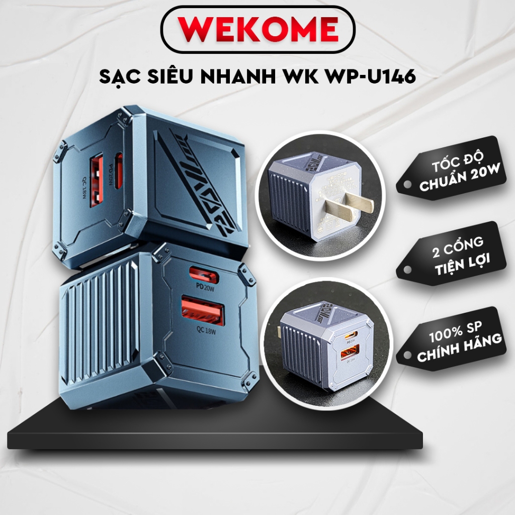 Củ Sạc Siêu Nhanh WEKOME WK WP-U146 có sạc chuẩn PD 20W ,Type-C ra cổng IP, hai cổng sạc đồng thời tiện lợi