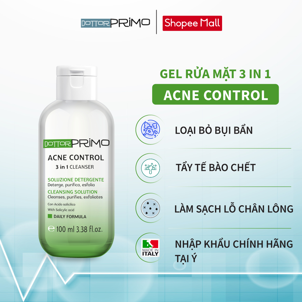 Gel Rửa Mặt Giảm Mụn Dottorprimo Acne Control 100ml 3 In 1 Cleanser - Sữa Rửa Mặt Giảm Mụn Dành Cho Mọi Loại Da