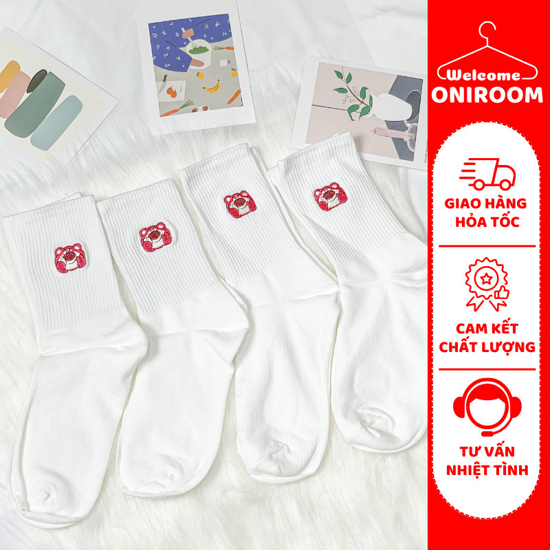 Combo 4 Đôi Vớ Trắng Cổ Cao Gấu Dâu - Tất Vớ Nữ Cổ Cao Chất Cotton Mềm Mịn Khử Mùi An Toàn