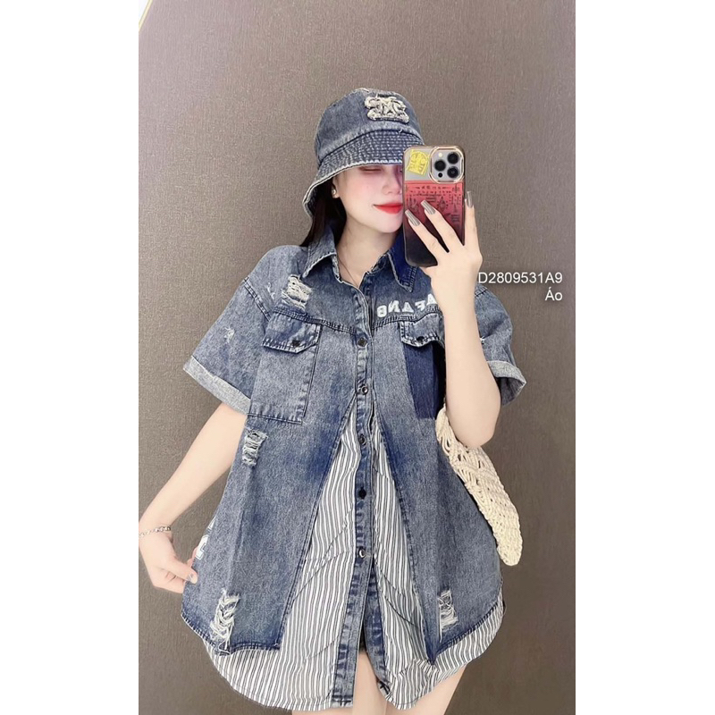 Áo sơ mi jean tay ngắn rách giả áo sơ mi sọc cá tính VIENS STORE