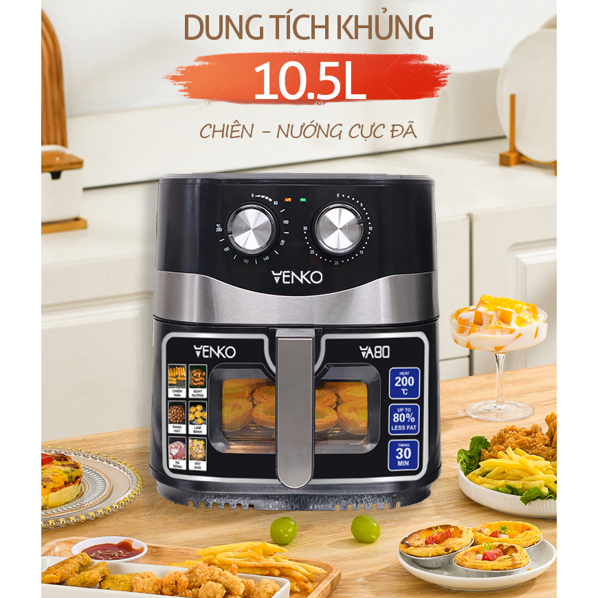 Nồi Chiên Không Dầu Venko – 10.5L Bản Điều Khiển Cơ - Đa Dạng Món Ăn, Chiên Gà Nguyên Con, Bảo Hành 24 Tháng