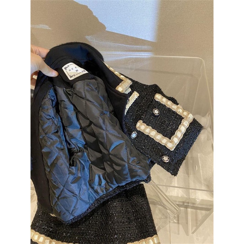 Set Áo Khoác + Chân Váy Dạ Tweed Màu Đen Phong Cách Hàn Quốc Thời Trang Thu Đông Cho Bé Gái