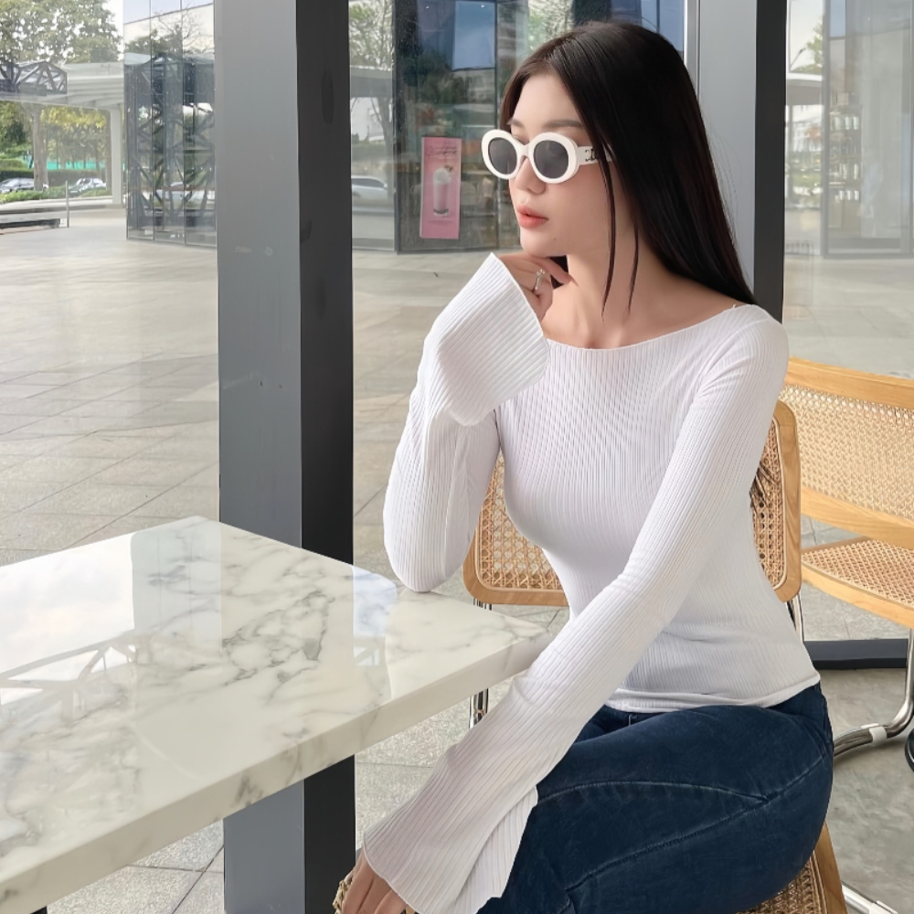 Áo tay loe viền siêu xinh, áo len thun gân cổ thuyền dáng ôm Body siêu tôn dáng