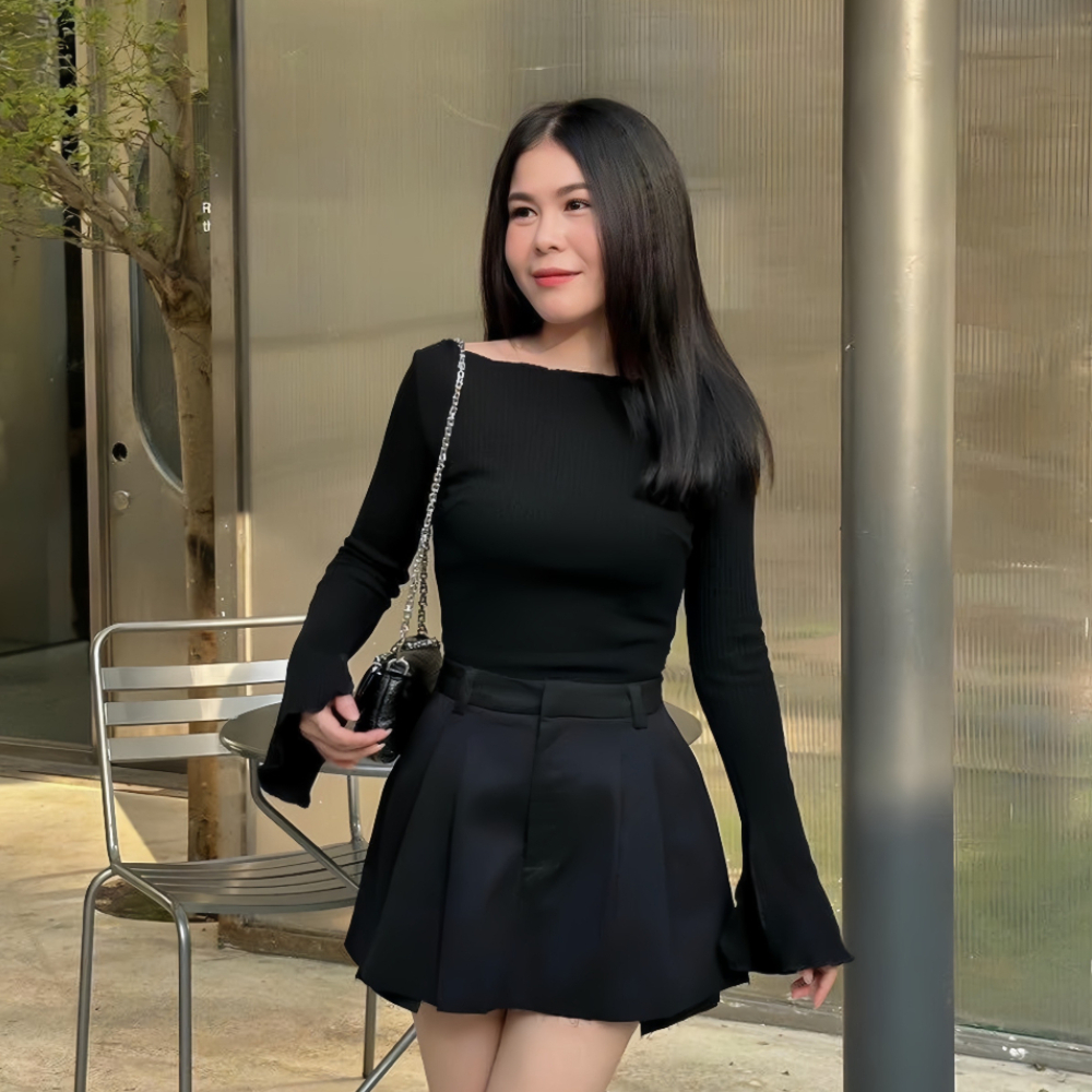 Áo tay loe viền siêu xinh, áo len thun gân cổ thuyền dáng ôm Body siêu tôn dáng