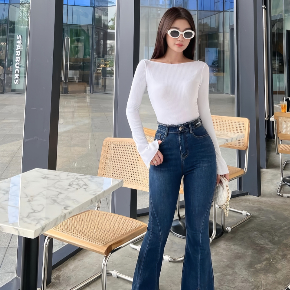 Áo tay loe viền siêu xinh, áo len thun gân cổ thuyền dáng ôm Body siêu tôn dáng