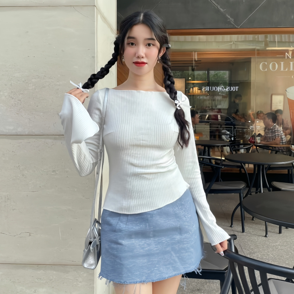 Áo tay loe viền siêu xinh, áo len thun gân cổ thuyền dáng ôm Body siêu tôn dáng