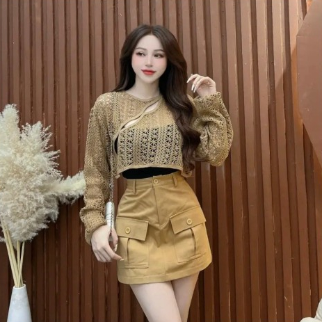 LILAC- Set áo đan len tay dài phối chân váy túi hộp