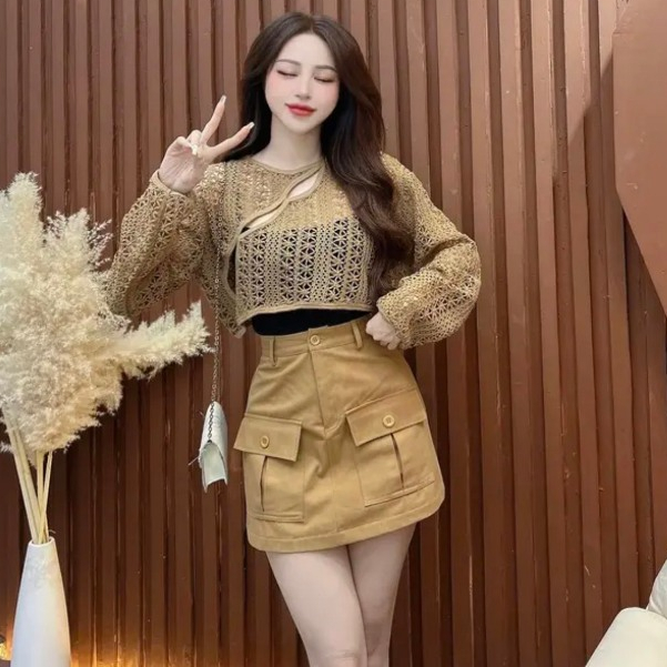 LILAC- Set áo đan len tay dài phối chân váy túi hộp