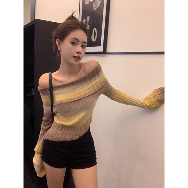 Áo Len Dệt Kim Trễ Vai Loang Cầu Vồng Hàng qc