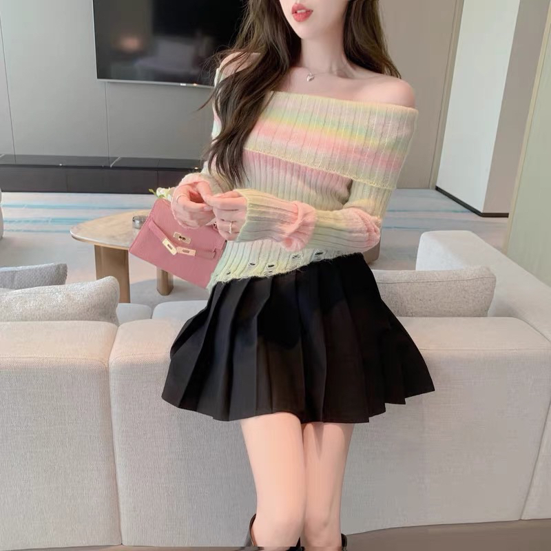 Áo Len Dệt Kim Trễ Vai Loang Cầu Vồng Hàng qc