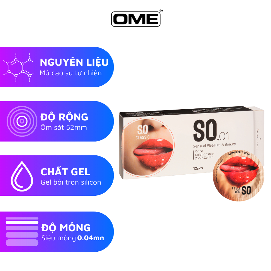 1 cái (chiếc) bao cao su SO size 52mm siêu mỏng, công nghệ Hàn Quốc