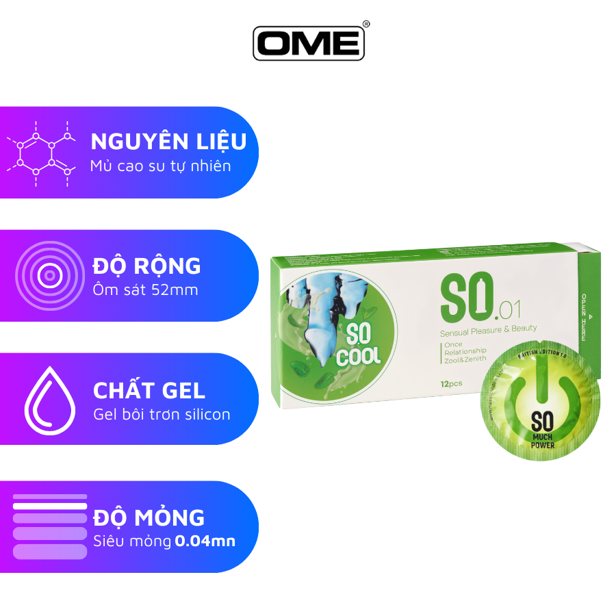 1 cái (chiếc) bao cao su SO size 52mm siêu mỏng, công nghệ Hàn Quốc