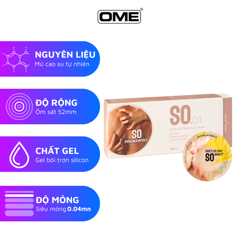 1 cái (chiếc) bao cao su SO size 52mm siêu mỏng, công nghệ Hàn Quốc