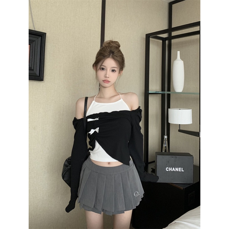 Set Áo Thun Vạt Lệch Có Nơ Mix Yếm Trơn phong cách trẻ trung