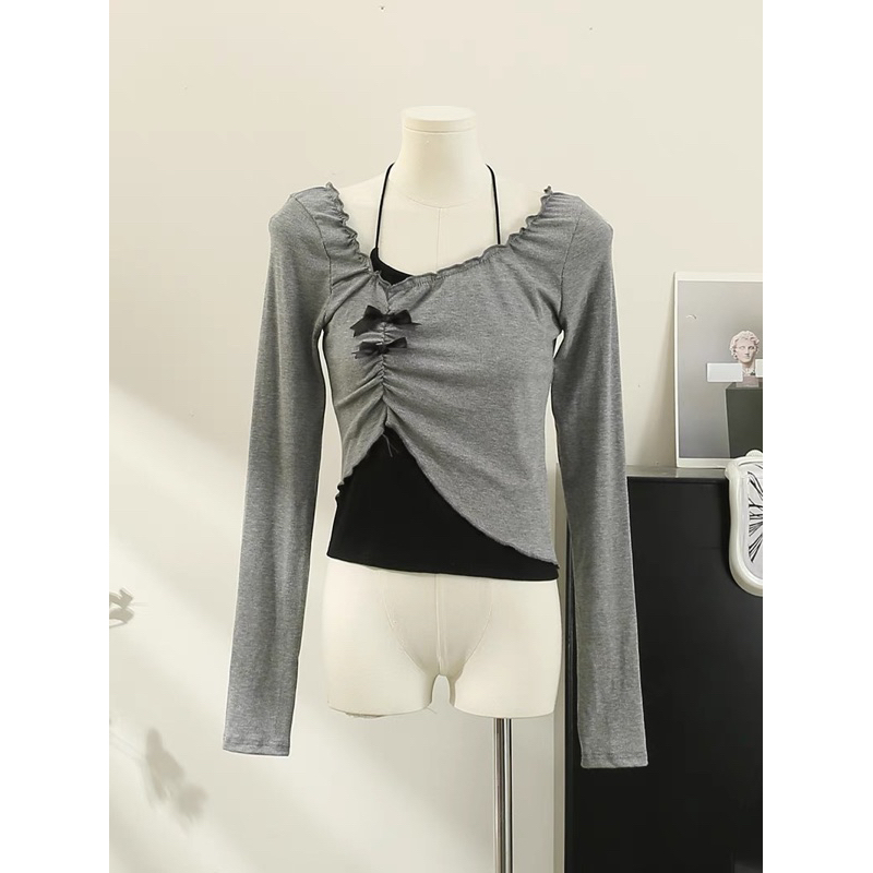 Set Áo Thun Vạt Lệch Có Nơ Mix Yếm Trơn phong cách trẻ trung