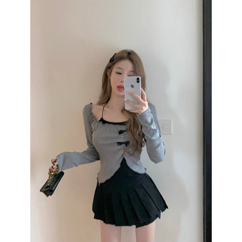 Set Áo Thun Vạt Lệch Có Nơ Mix Yếm Trơn phong cách trẻ trung