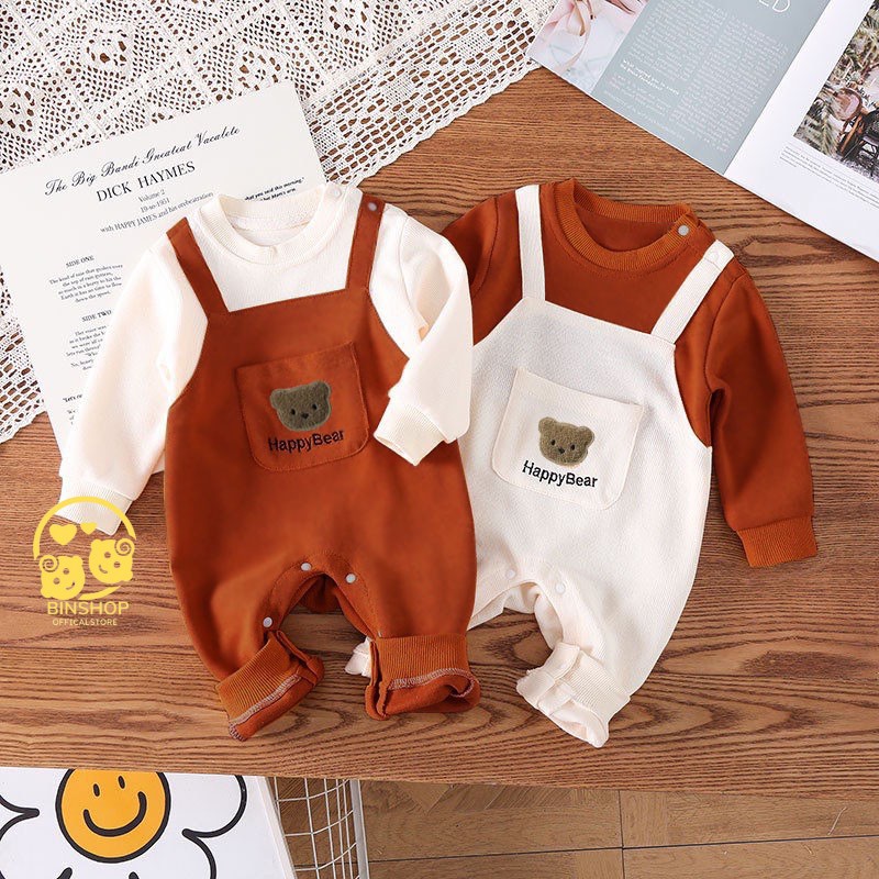 Bodysuit cho bé dài tay Chất Cotton, Bộ thu đông bé trai, bé gái hình gấu dễ thương, Mẫu quần áo sơ sinh 0-12M