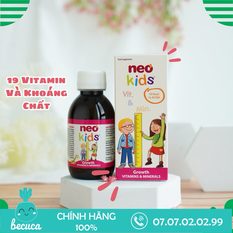 Neo Kids Growth - Bổ sung 19 Vitamin và khoáng chất, Hỗ trợ bé biếng ăn, Tiêu hóa kém, Ốm yếu 150ml