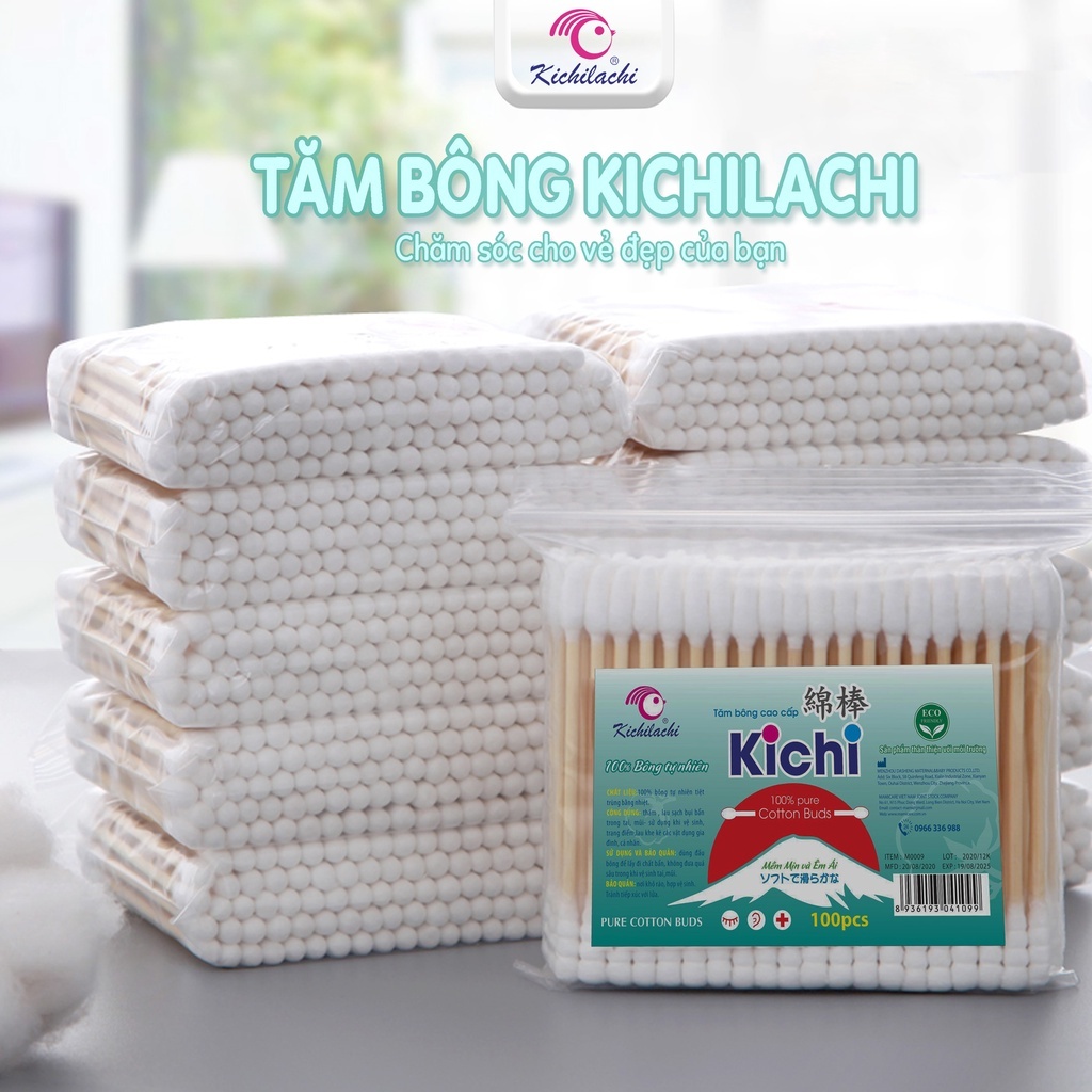 Tăm Bông Gói Kichilachi 100pcs Que Gỗ 100% Cotton Cao Cấp Người Lớn - MINIBOO