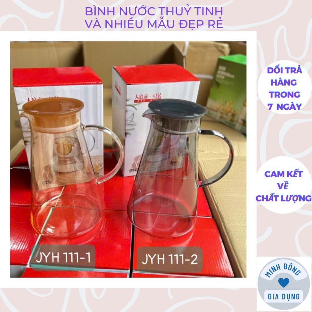 Bình nước thuỷ tinh chịu nhiệt 1.7L mã 111 có màu vàng cả xám dày dặn và nhiều loại mẫu mã đẹp