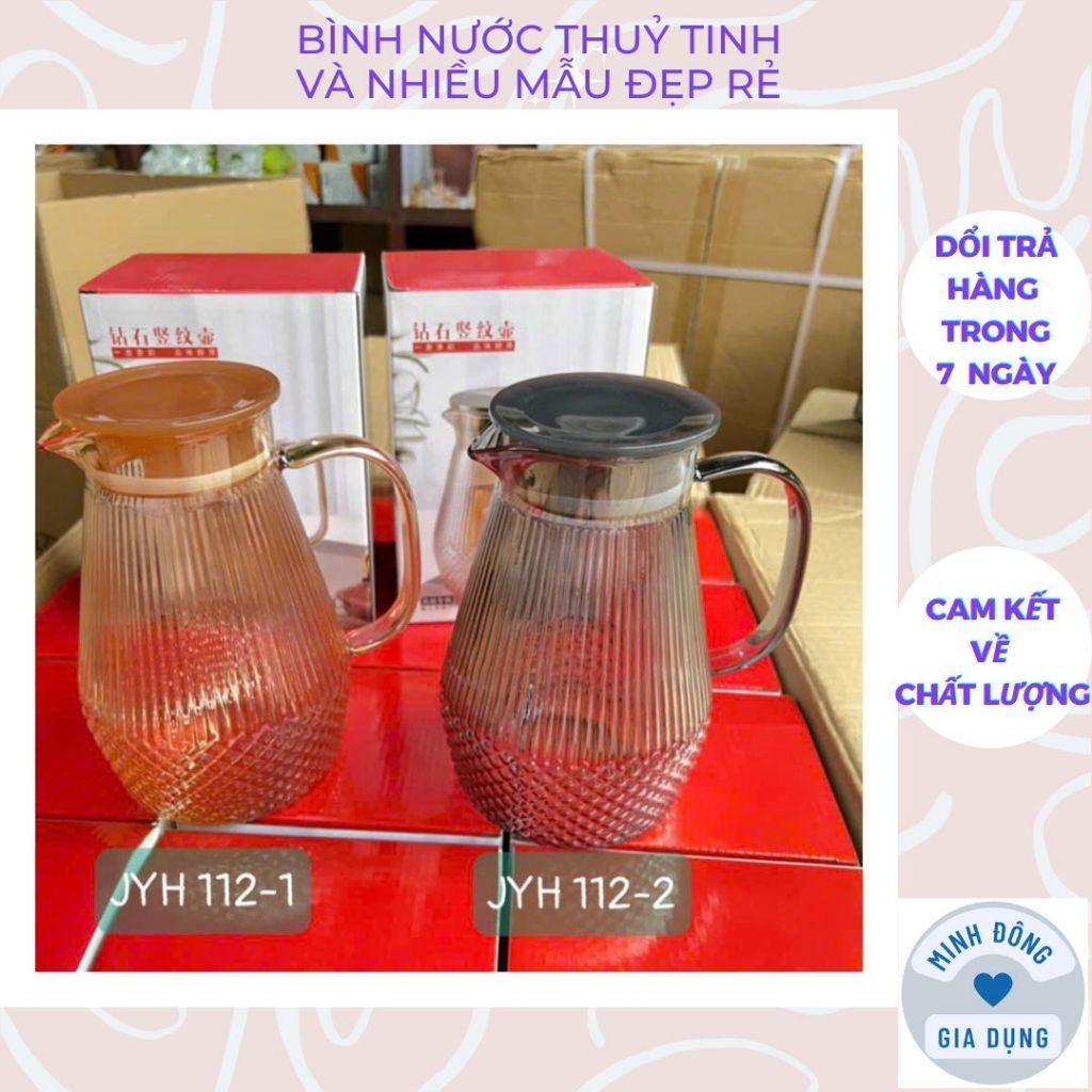 Bình nước thuỷ tinh chịu nhiệt 1.7L mã 112 có màu vàng cả xám dày dặn và nhiều loại mẫu mã đẹp