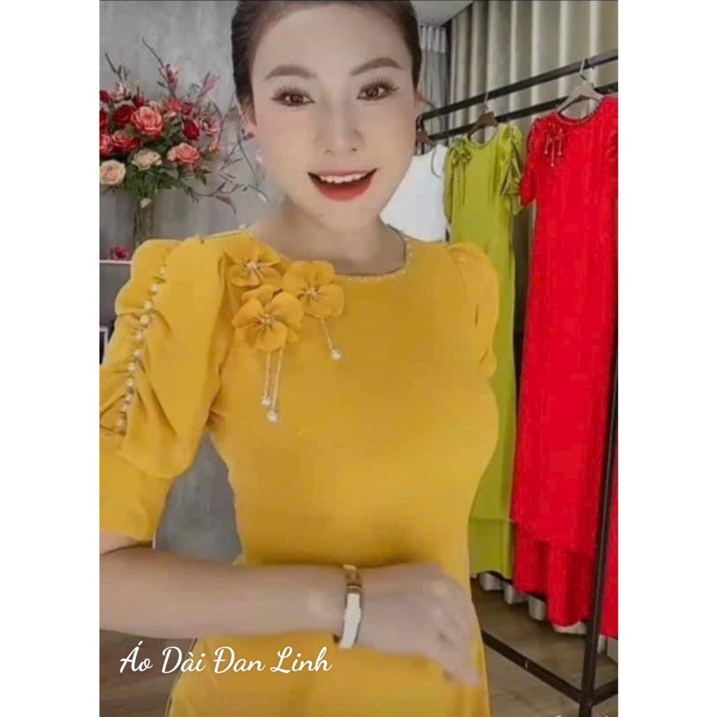 Áo dài lụa tay bồng chun đính ngọc kết hoa trẻ trung - Áo Dài Đan Linh