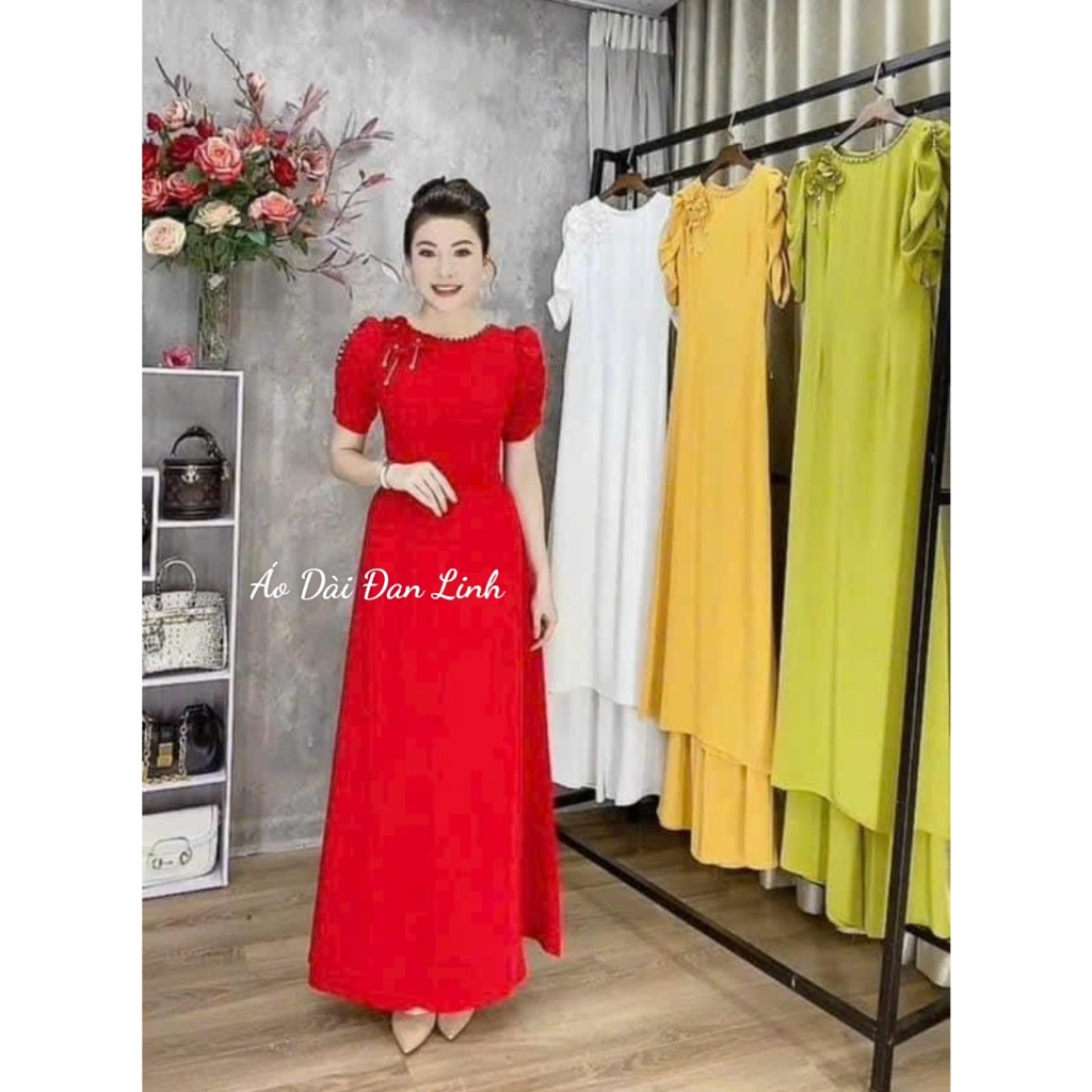 Áo dài lụa tay bồng chun đính ngọc kết hoa trẻ trung - Áo Dài Đan Linh