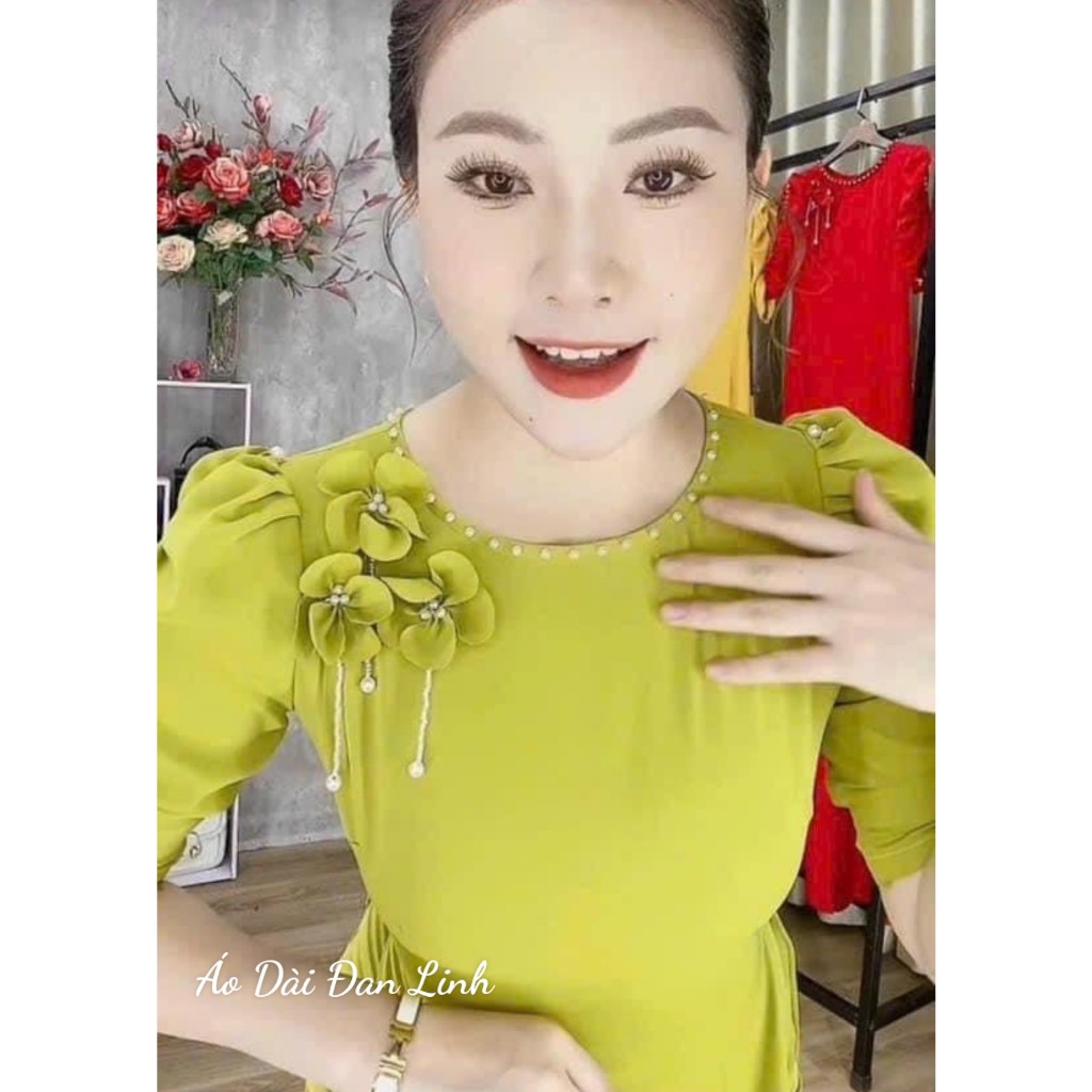 Áo dài lụa tay bồng chun đính ngọc kết hoa trẻ trung - Áo Dài Đan Linh