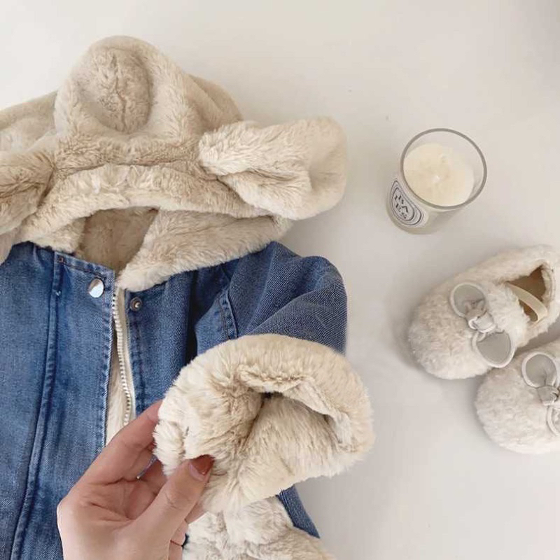 Áo khoác denim cho bé lót lông cừu hoạ tiết tai thỏ màu xanh dễ thương bé trai bé gái thời trang mùa đông