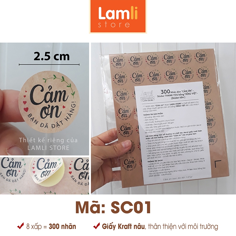 300 Nhãn dán CẢM ƠN, Sticker Thank you TIẾNG VIỆT dễ thương t.trí gói hàng/quà | Giấy Kraft đk 25mm