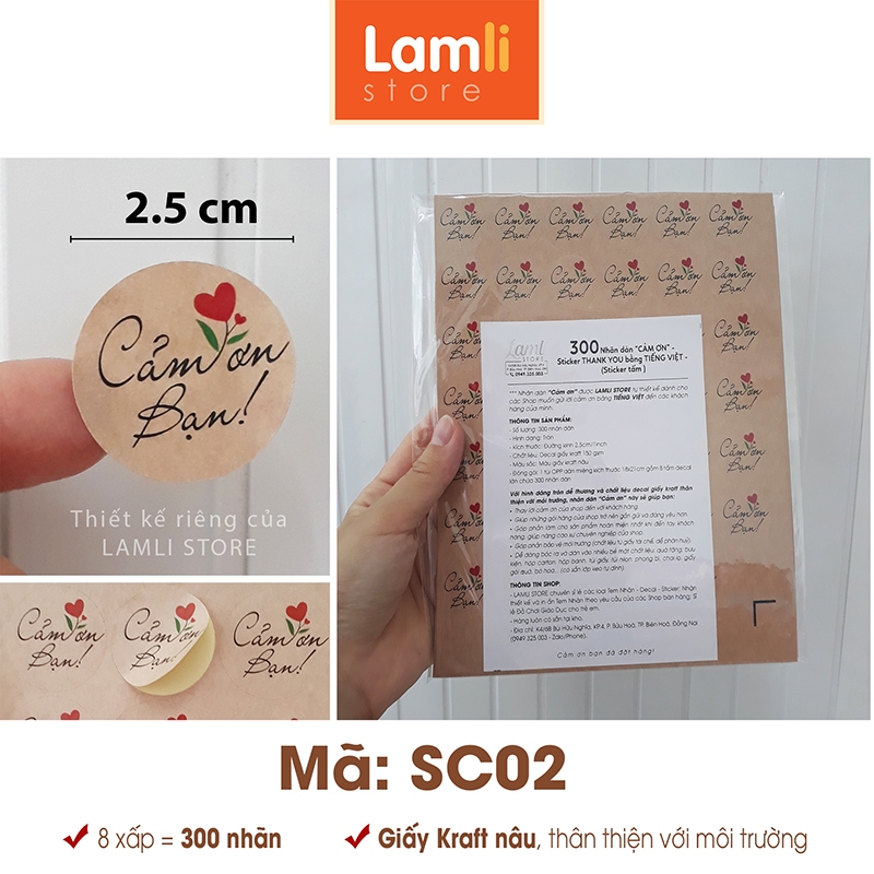 300 Nhãn dán CẢM ƠN, Sticker Thank you TIẾNG VIỆT dễ thương t.trí gói hàng/quà | Giấy Kraft đk 25mm