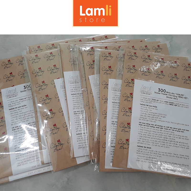 300 Nhãn dán CẢM ƠN, Sticker Thank you TIẾNG VIỆT dễ thương t.trí gói hàng/quà | Giấy Kraft đk 25mm