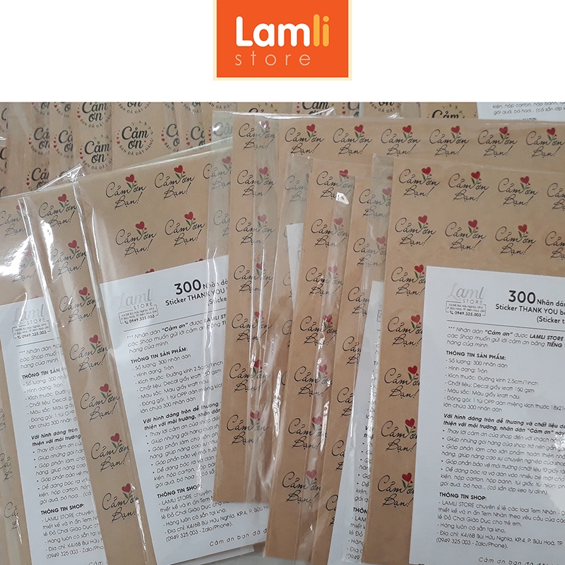 300 Nhãn dán CẢM ƠN, Sticker Thank you TIẾNG VIỆT dễ thương t.trí gói hàng/quà | Giấy Kraft đk 25mm