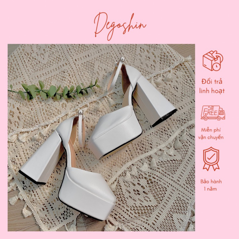  Giày cao gót Barbie da mềm gót trụ cao 9cm -13cm màu trắng basic Degoshin 