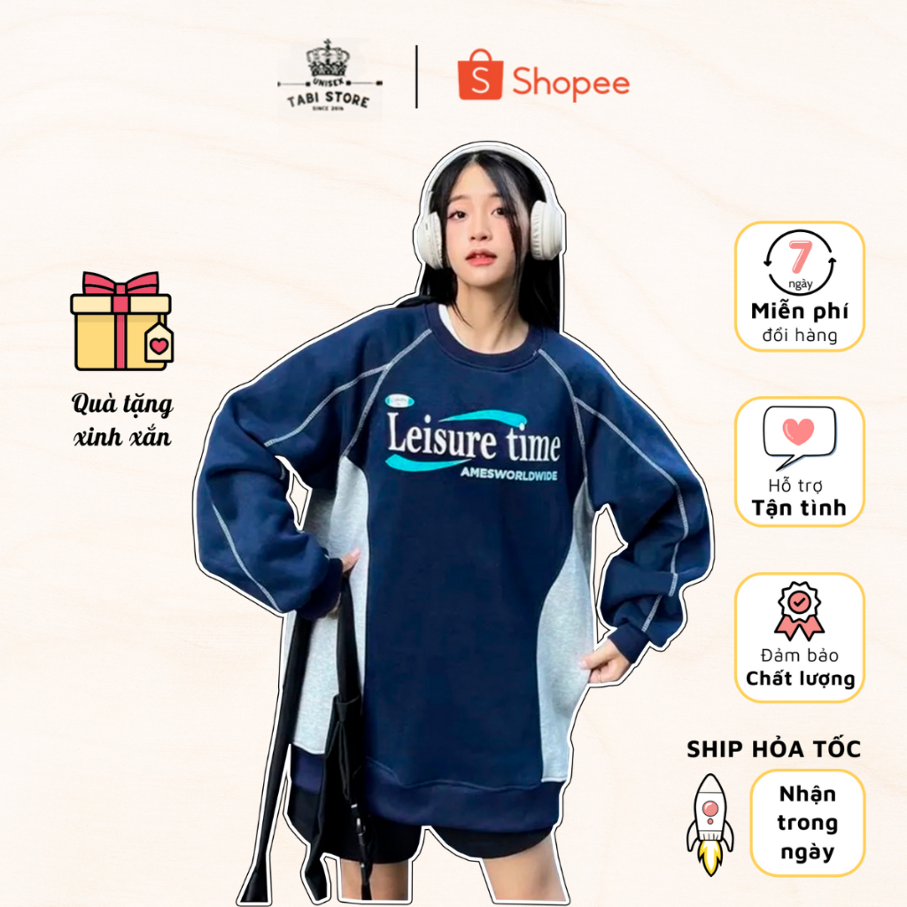 Áo Sweater Tabi Nỉ Bông Form Rộng  - Áo Dài Tay Cổ Tròn In Chữ Leisure Time