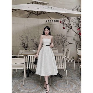 Đầm thiết kế nữ đi tiệc chất GẤM HOA y hình, đầm xòe hai dây cổ vuông dáng dài có đai eo sang chảnh