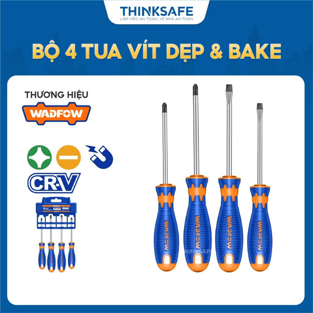 Bộ 4 tua vít dẹp và tua vít bake Wadfow WSS1204 nhiều kích thước chất liệu thép crv chất lượng cao chống gỉ - Thinksafe